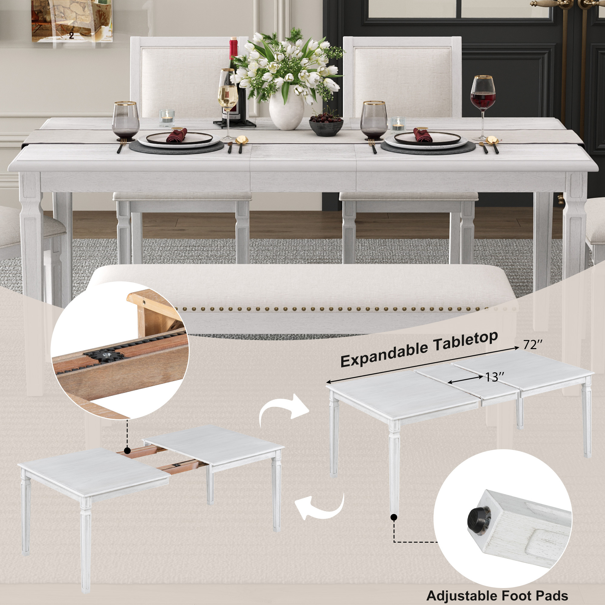 Euroco Farmhouse 6-Piece Dining Table Set for 6, 72" Extendable Kitchen Table with 4 Upholstered Chairs,1 Bench & Carved Legs, Wood Dining Set for Kitchen Living Room,White