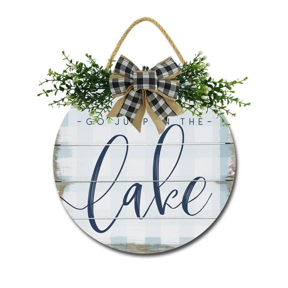 Go Jump In The Lake Front Door Sign Funny Wreaths Hanging Wooden Plaque Decoration Round Rustic Wood Farmhouse Porch Decor for Home Front Door Decor, 11 x 11 Inch