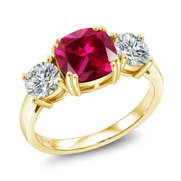 Gem Stone King 18K Yellow Gold Plated Silver Red Created Ruby and Lab Grown Diamond Engagement Ring for Women | 3.50 Cttw | Cushion 8MM | Gemstone July Birthstone | Size 5