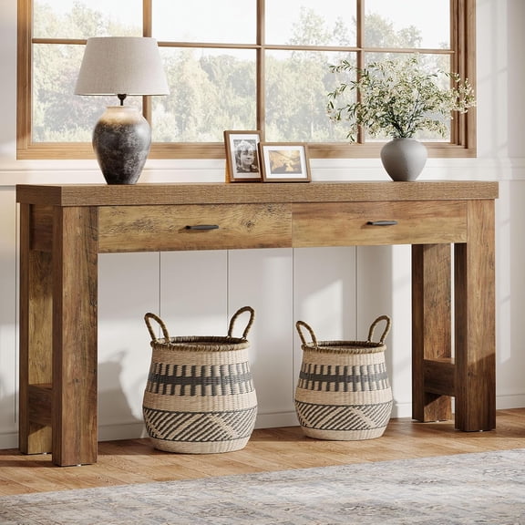 Fnova 70.9" Farmhouse Console Table with 2 Drawers, Wood Entryway Table Behind Couch, Narrow Sofa Table for Living Room, Hallway, Foyer