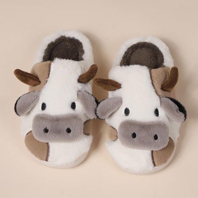 Pantuflas peludas de leche de vaca para mujer, pantuflas de invierno con dibujos animados de piel, suaves y acogedoras, para el dormitorio de mujer