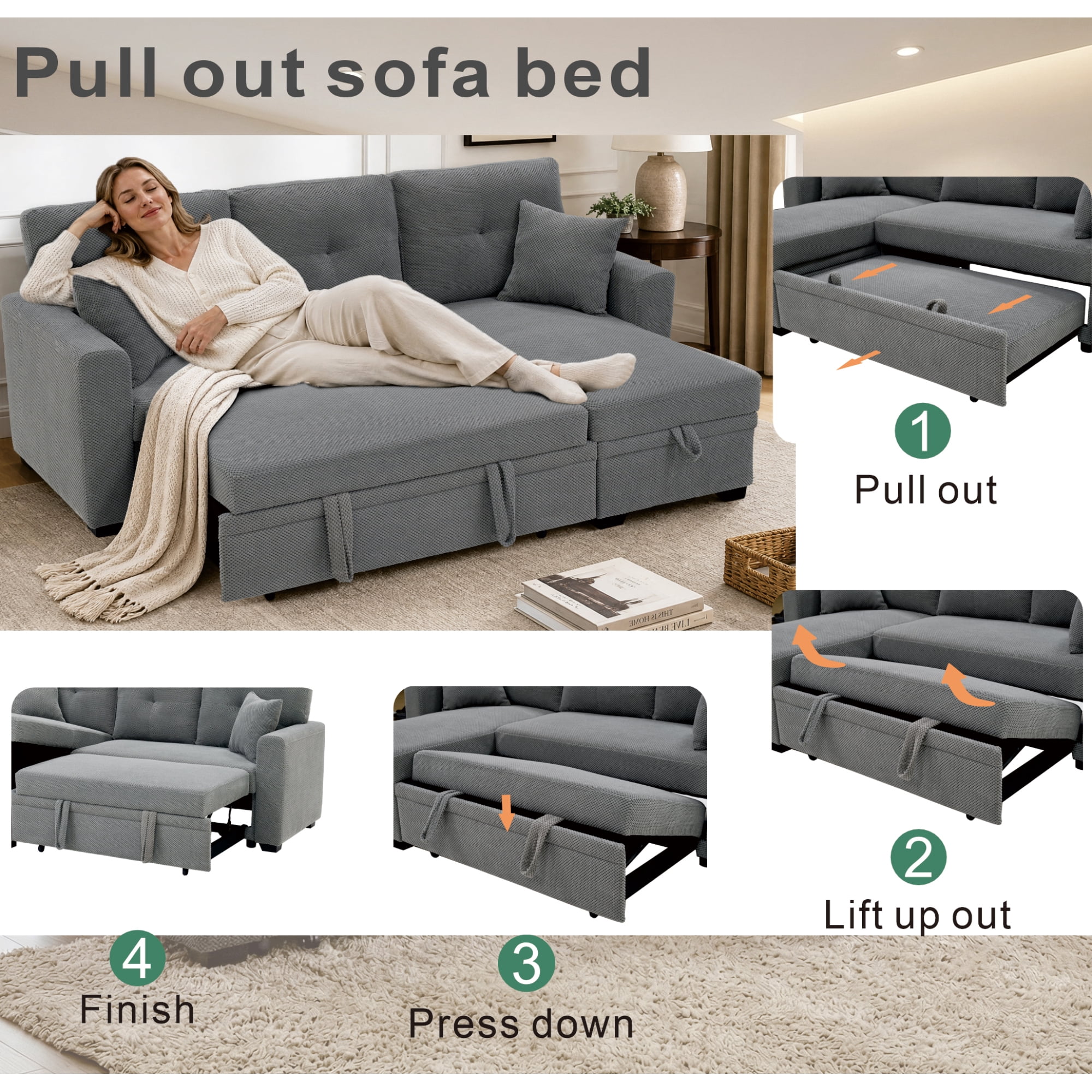 Leumius L Shaped Sectional Sofa with Pull Out Bed and Storage Chaise, 3 Seater Sectional Couch Convertible Sofa Bed for Small Space, Apartment & Guest Room, Light Gray