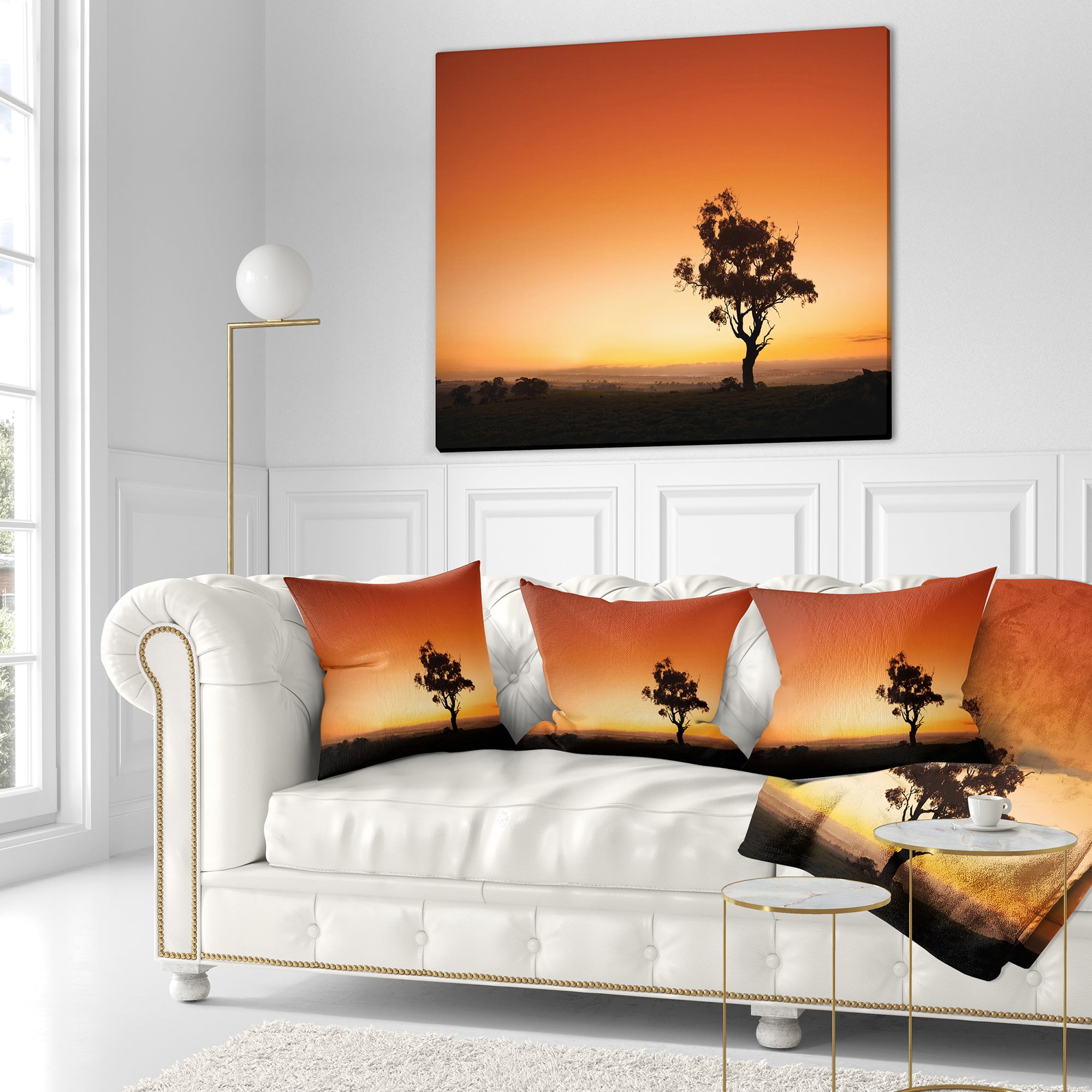 Designart Sunrise with Lonely Tree - Landscape Printed Throw Pillow - 16x16