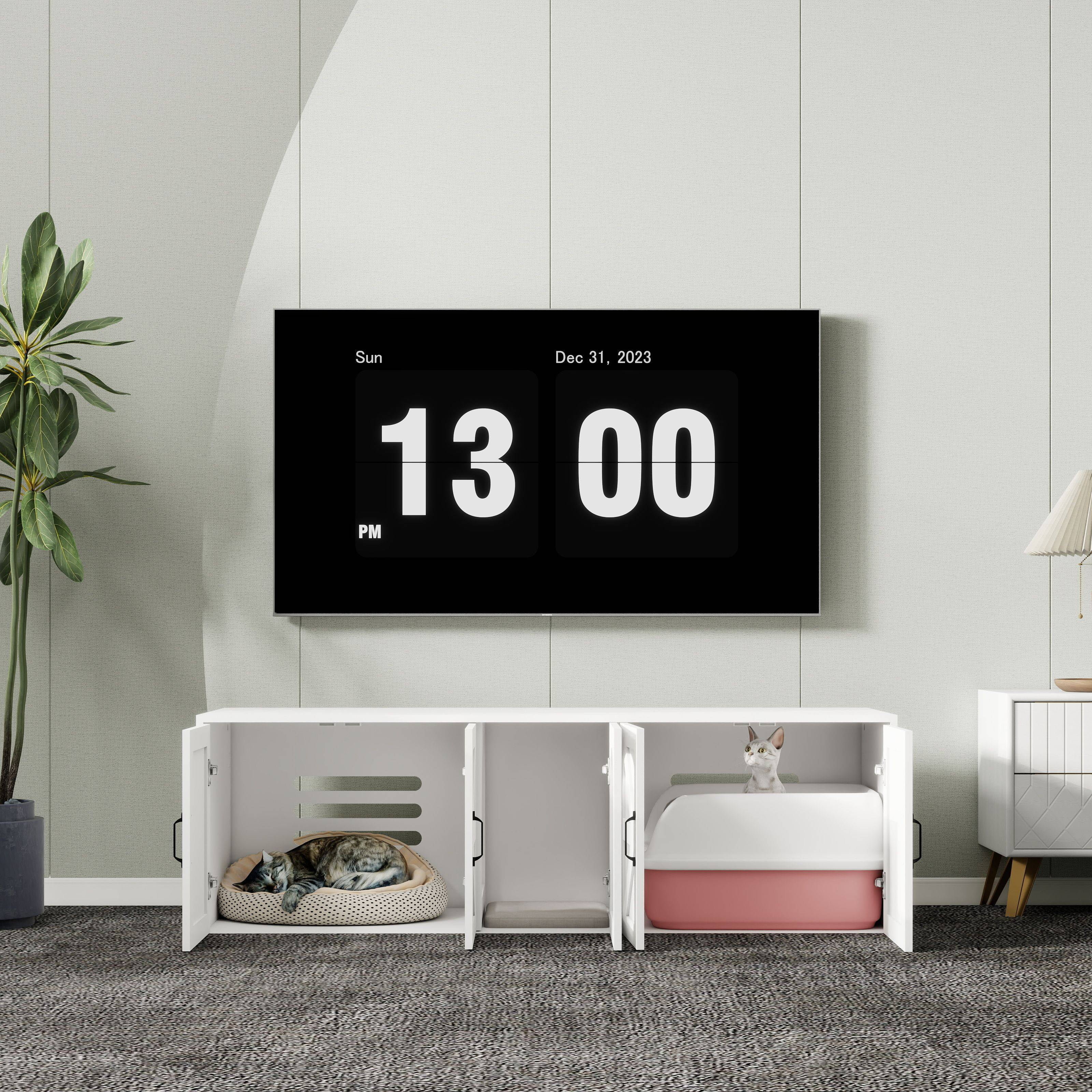 resenkos 59" Modern Cat Litter Box Enclosure for 2 Cats, Hidden Litter Box Cabinet Furniture with Double Room, Indoor Cat House, for Hallway, Bedroom, White