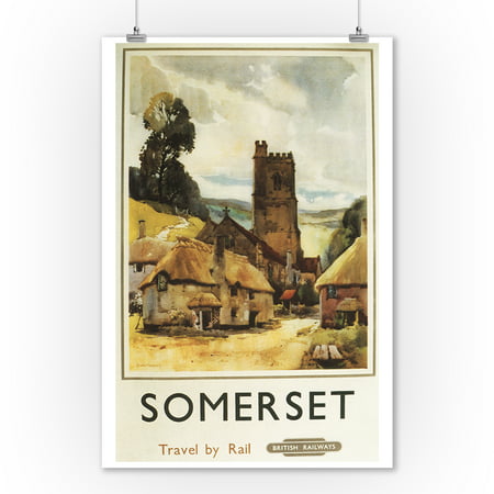 Somerset, England - Historic Village Scene British Railway - Vintage Travel Poster (9x12 Art Print, Wall Decor Travel