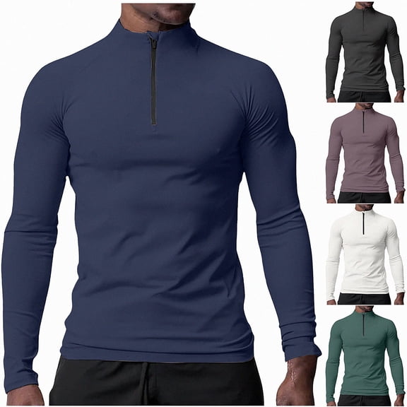 WAVSUF Men's Active Tee Long Sleeve Stand Collar Zip Front Fall Outdoor Sports Top XL