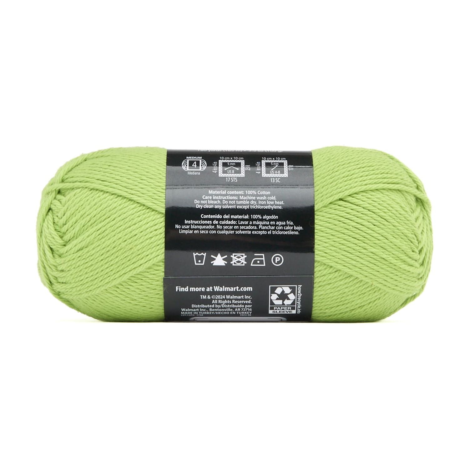 Mainstays 100% Cotton Yarn - Lime Green - 3.5oz 180yds - 4 Medium Weight