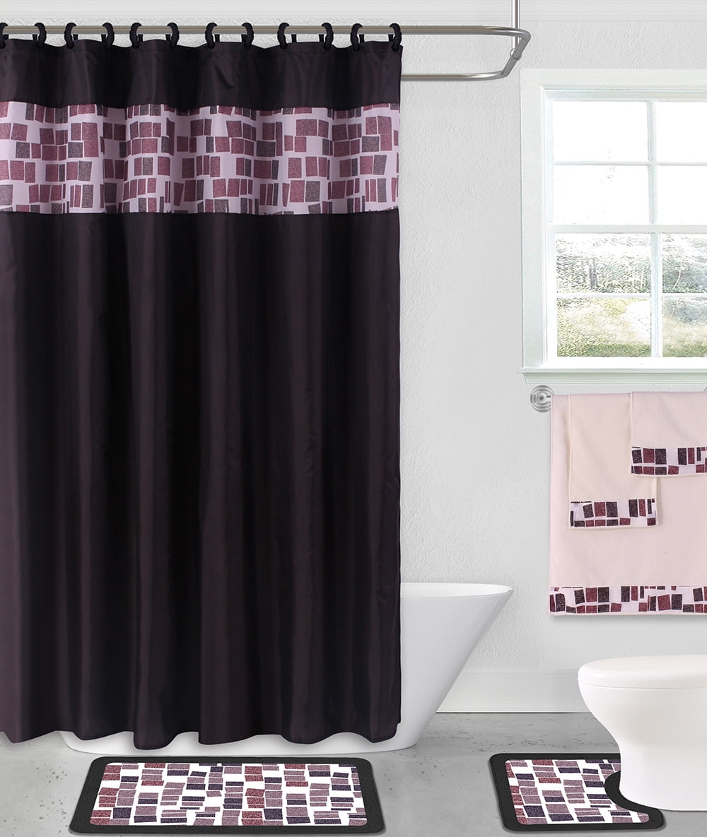 Black Geometric Shower Curtain Polyester Bath Curtains Waterproof Hooks 