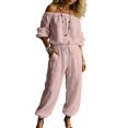 thumbnail image 5 of BESEW7 Off Shoulder Jumpsuits for Women, Summer Casual Loose Rompers with Pockets Roll Up Sleeve Elastic Waist for Daily Beach Vacation Pink S, 5 of 7