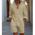 thumbnail image 2 of Eryao Big and Tall Mens Two Piece Set Casual Long Sleeve Hoodies and Side Button Shorts with Pockets Summer Beach Vacation Lounge Sets,Khaki,XL, 2 of 7