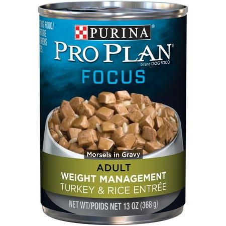 - Purina Pro Plan FOCUS Weight Management Turkey & Rice Entree Morsels in Gravy Adult Wet Dog Food, Twelve (12) 13 oz. Cans