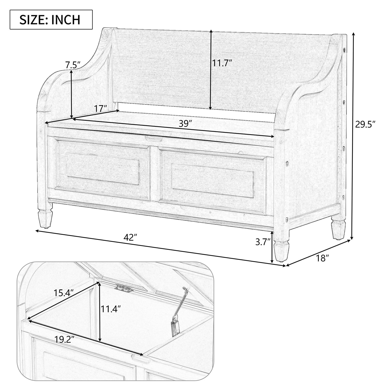Kadyn 42" Entryway Multifunctional Storage Bench, Pine Storage Bench with Safety Hinge, Rustic Style Solid Wood Entryway Bench for Living Room, White