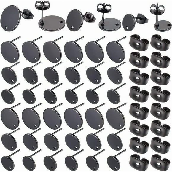 1 Box 36Pcs 3 Size Black Earring Posts Stainless Steel Stud Earring Findings Hypoallergenic Blank Earring Stud with Butterfly Ear Back and Loop Round Earring Posts for Jewelry Making Supplies