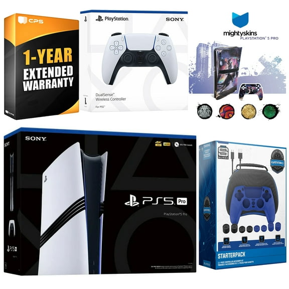 Sony PlayStation 5 Pro with Extra White Controller, Pro Gamer Starter Kit and MightySkins Decal Voucher Plus 1 Year CPS Extended Warranty