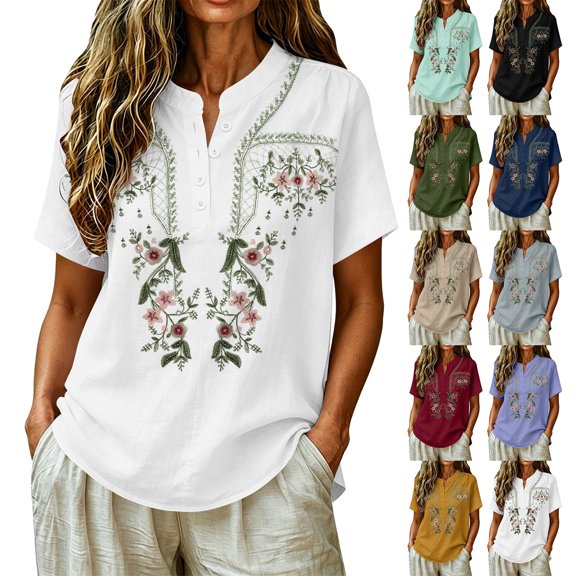 Embroidered Linen Shirt for Women, V-Neck Short Sleeve Cotton Blend Tunic with Floral Details - Loose Fit Casual Summer Top Army Green L