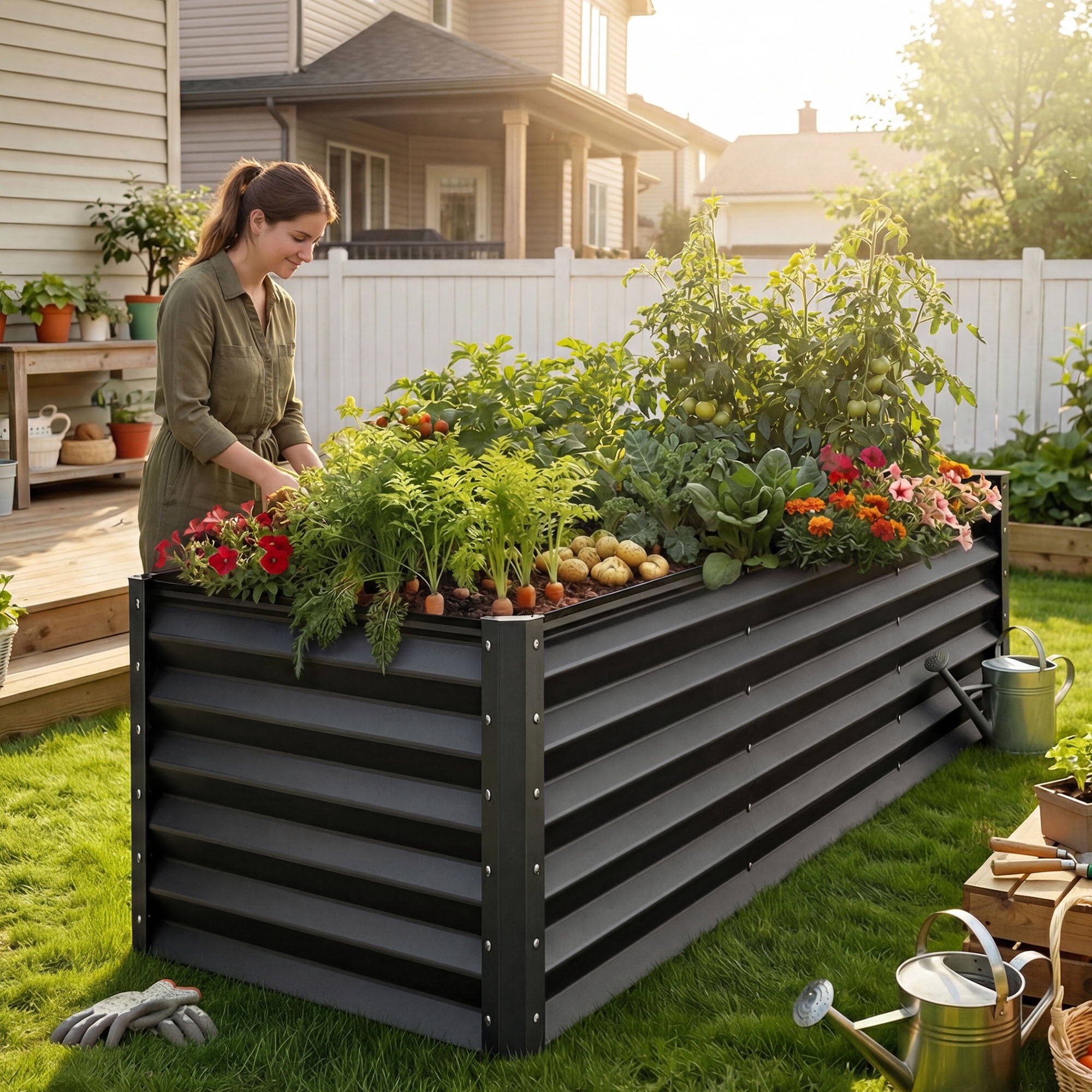 Uforic Galvanized Raised Garden Bed Kit, Metal Planter Box with Gloves, Metal Raised Garden Beds for Vegetables,Black,8x4x3ft