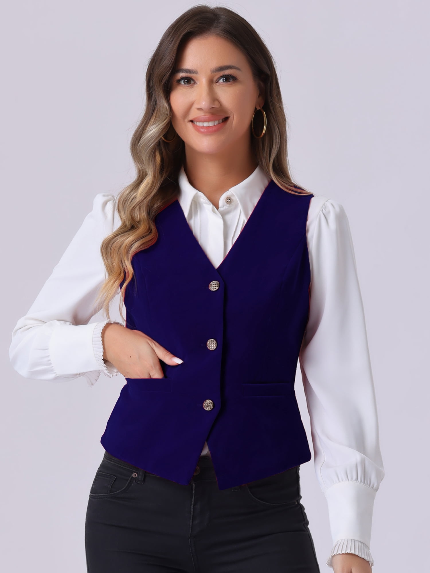 DARING DIVA Women's Vintage Velvet Vest Button Down Steampunk Waistcoat S Royal Blue