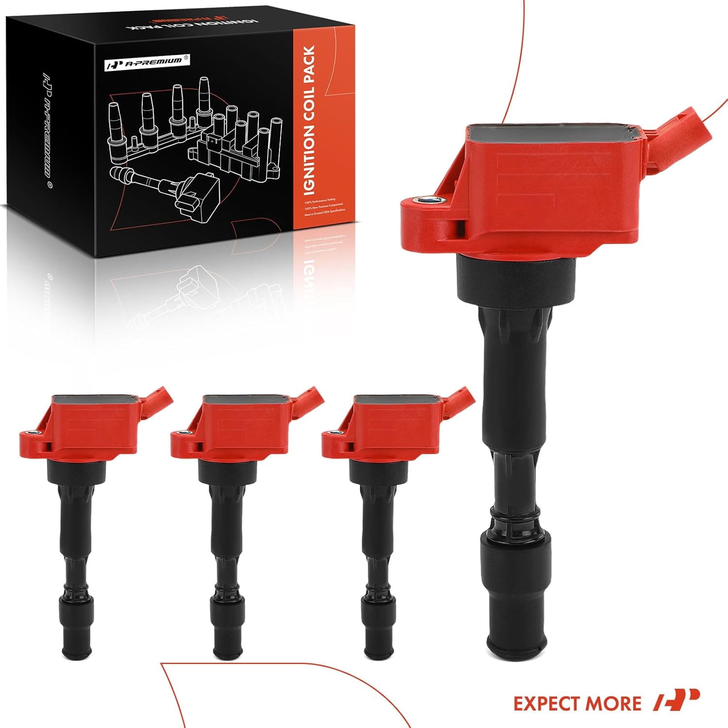 A-Premium (Red) Engine Ignition Coil Pack Compatible with Hyundai Elantra 2015-2020, Sonata 2015-2017, Veloster 2019-2021, Kona 2018-2021 & Kia Soul, Optima, Forte, Seltos, Forte Koup, 4-PC Set