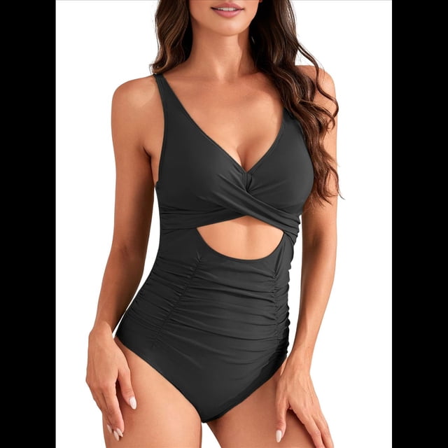 Trajes de Baño de una Pieza para Mujer, con Control de Abdomen, Corte Alto, Espalda Cruzada y Lazo. Negro M