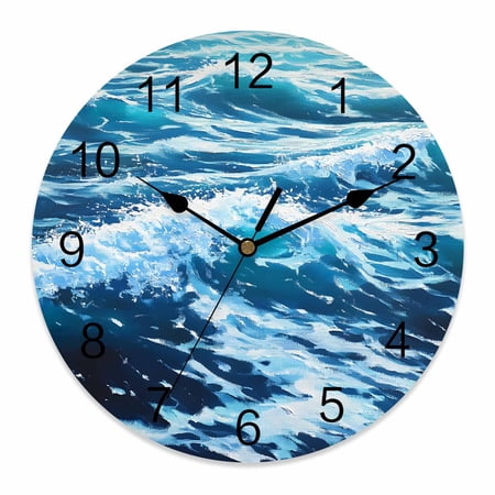 Wall Clock 14 inch Blue Ocean White Wave Stripes Battery Operated Clocks Silent Non-Ticking Wallclock Oil Painting Round Decorative Wall Clocks for Home Office School