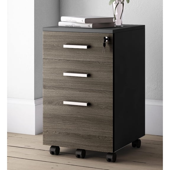 Modern Design Lazio File Cabinet, Filing Cabinets for Home Office, Drawers for Under Desk, Locking 3 Drawer Rolling Wood Filing Cabinet with Lock, Black and Grey, by Crafts and Comfort