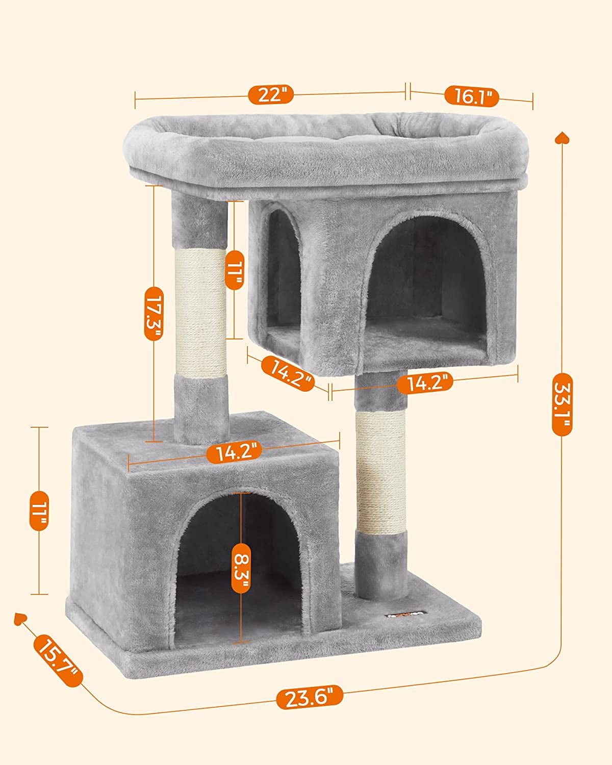 Cat Tree 33.1-Inch Cat Tower for Large Cats up to 16 lb, Large Perch, 2 Cat Caves, Scratching Post, Light Gray