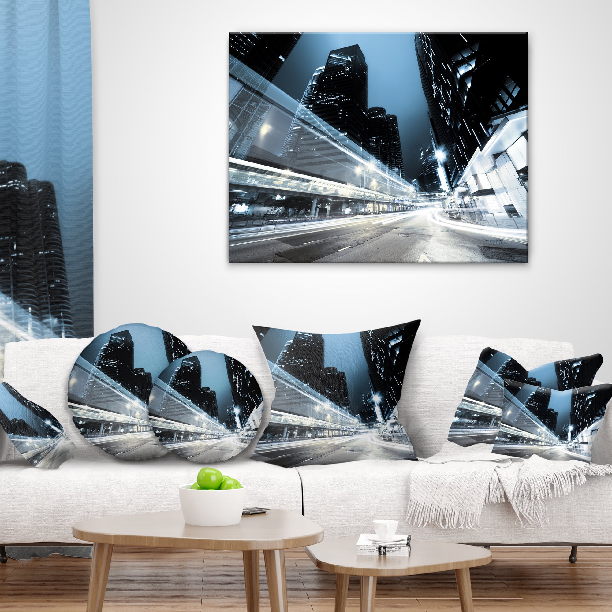 Designart Night Traffic in Hong Kong - Cityscape Throw Pillow - 12x20