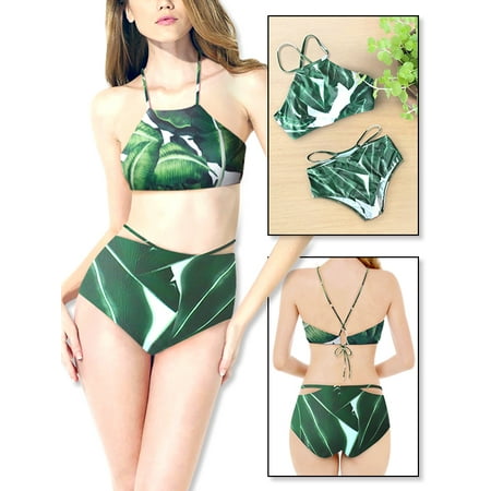 Leaf Bandeau - Two Pieces Sexy Push -up Bikini High Waist Leaf Swimsuit Set,iClover Women's Padded Swimsuit Bikini Bandeau Beachwear Candy Patch Padded Swimwear for Summer Beach Holiday Party,Size S