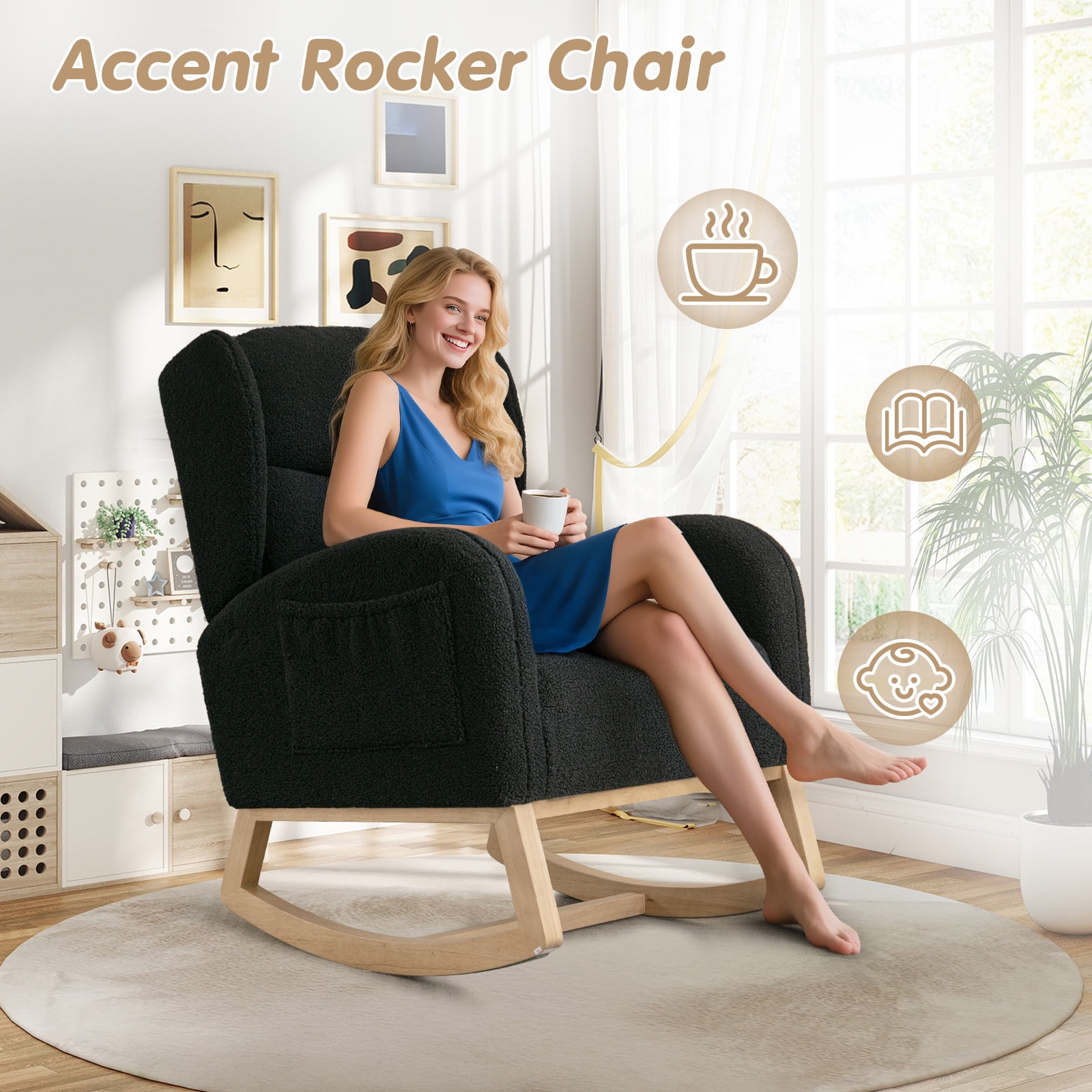 Lunale Indoor Rocking Chair, Upholstered Accent Rocker Chair with Wood Legs, Black Teddy
