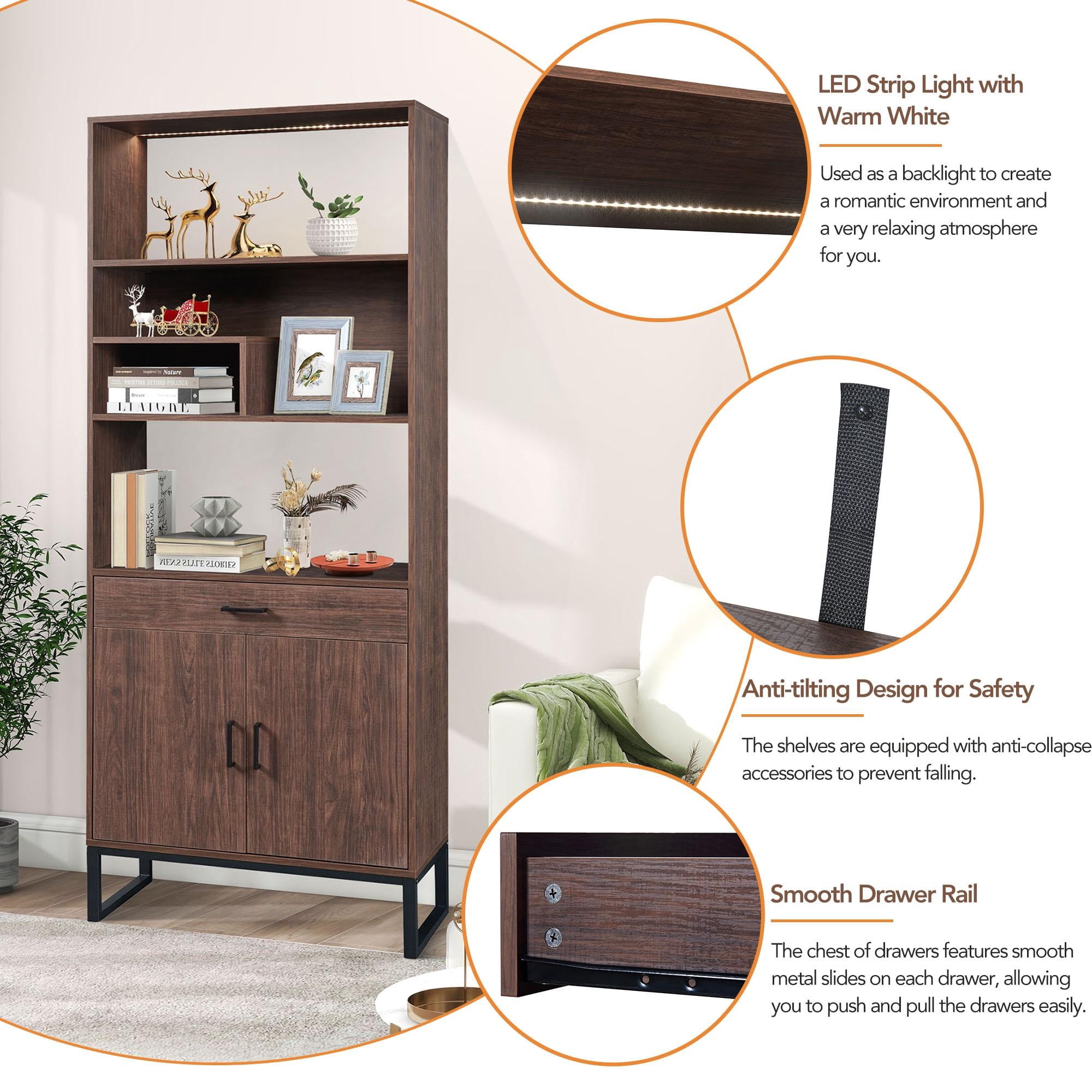 PORKISS Bookshelf with Doors, Wooden Bookcase with Storage Drawer and LED Strip Lights, Freestanding Display Rack Bookcase with Storage for Living Room and Office, Walnut