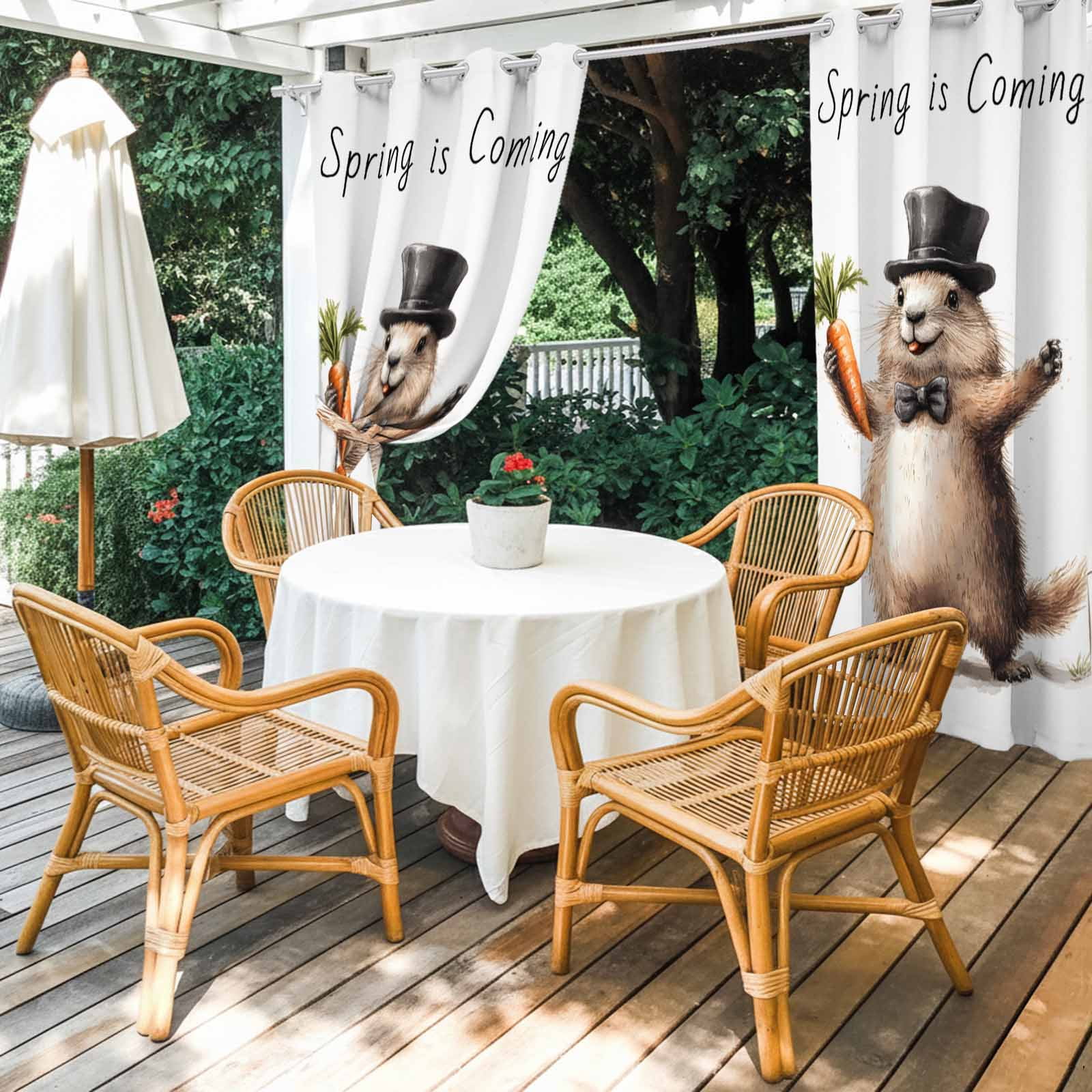 Outdoor Curtains for Patio Waterproof, Groundhog Day Windproof Pravicy Outside Porch Blackout Curtain, Spring Cute Brown Aniamls Carrot Sun Blocking Grommets Curtains for Cabana Gazebo 54"x108"