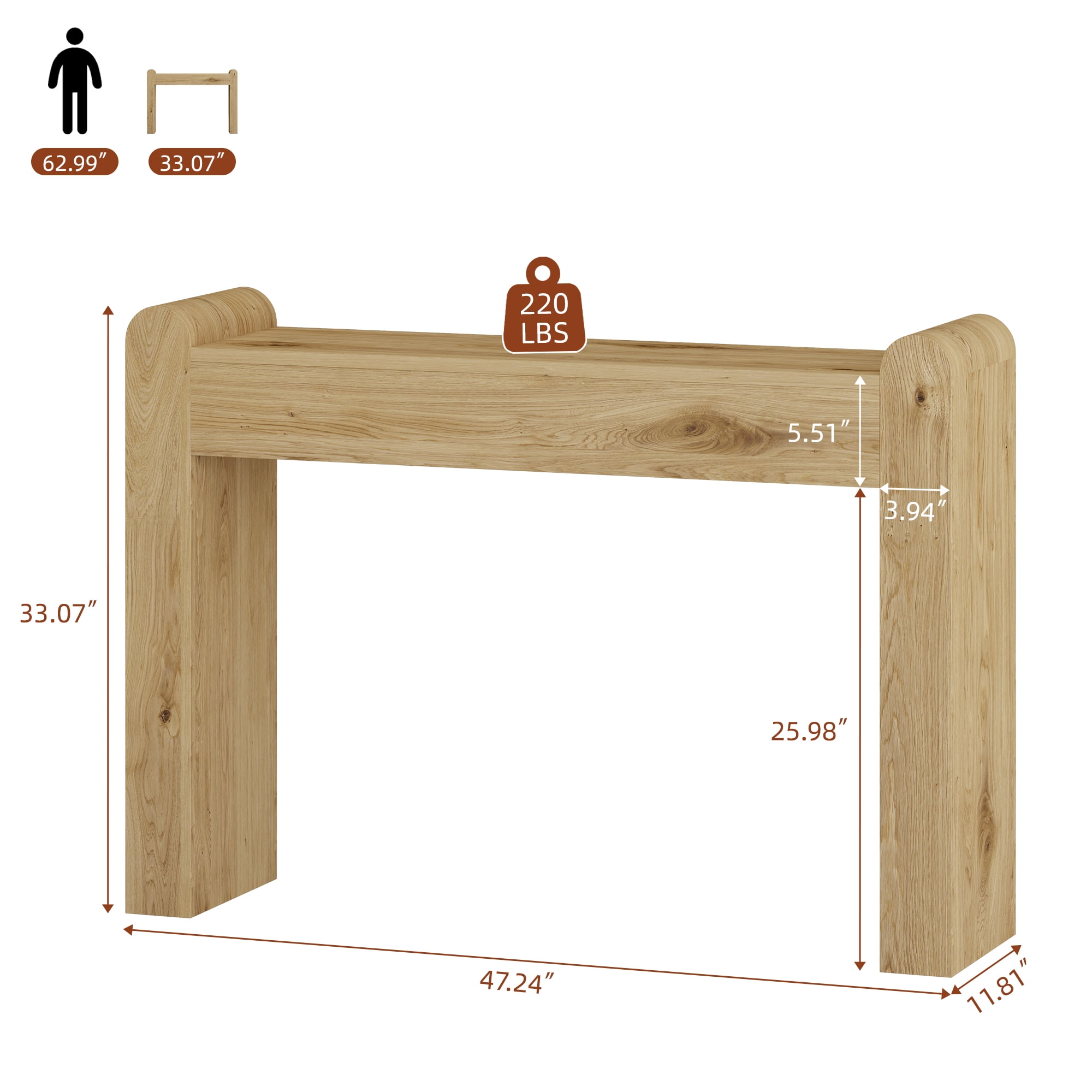 Laintene 47" Entryway Table, Curved Console Tables for Entryway, Rustic Farmhouse Sofa Table Behind Couch, Wooden Hallway Accent Table for Living Room, Entrance, Natural