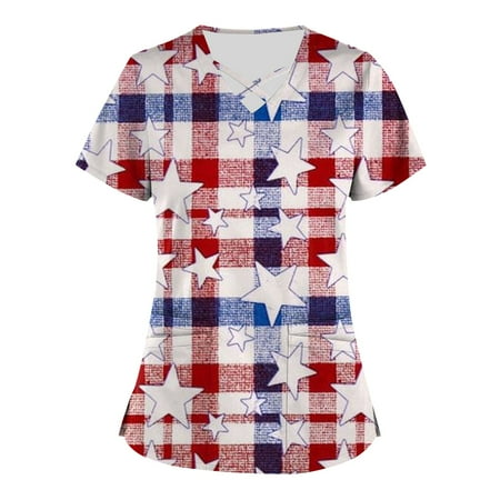 

HIMIWAY Stars and Stripes Womens Tops Womens Tops Plus Size 4th of July Printed Scrub Working Uniform Tops for Women Cross V-Neck Short Sleeve Fun T-Shirts Workwear Tee with Pockets Red M