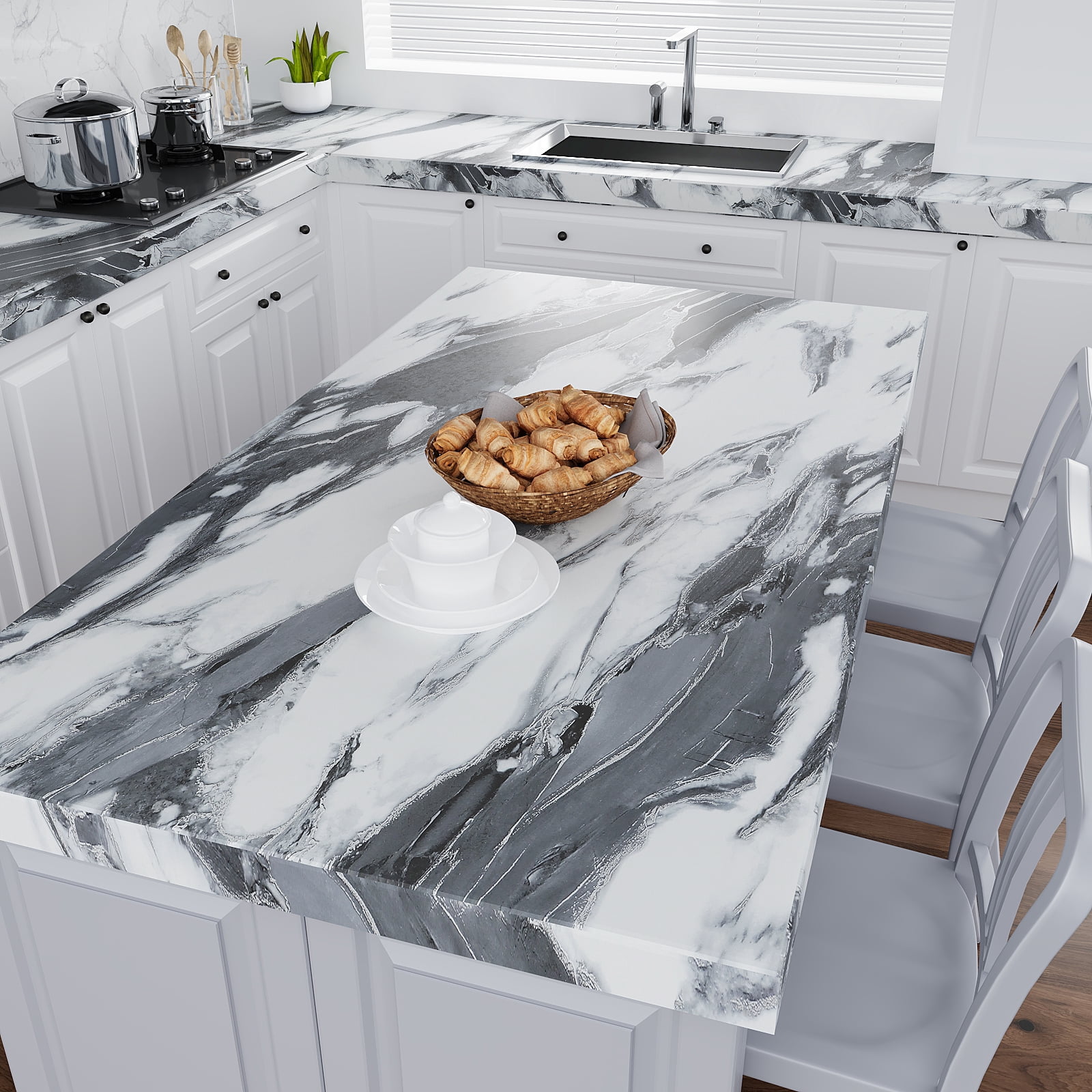 VEELIKE 15.7"x118" Black and White Marble Contact Paper for Countertops Waterproof Kitchen Countertop Peel and Stick Vinyl Wallpaper Self Adhesive Removable Matte Marble Wallpaper for Kitchen Bathroom