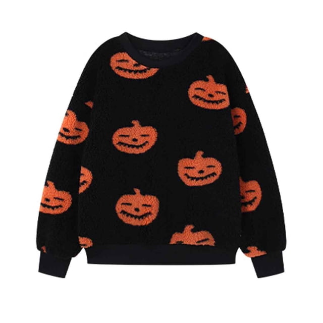 Costumes d'Halloween Sweat-Shirt pour Femmes, Hauts en Peluche Col Rond Amusants, Pulls à Manches Longues Imprimés Pumpkin