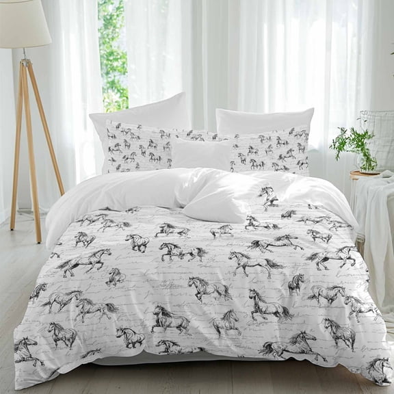 3 Piece Black Horse Duvet Cover Set Full Size, Microfiber Comforter/Quilt Cover with Corner Ties and 2 Pillowcases, Watercolor Vintage Animals All Season Soft Bedding with Zipper Closure