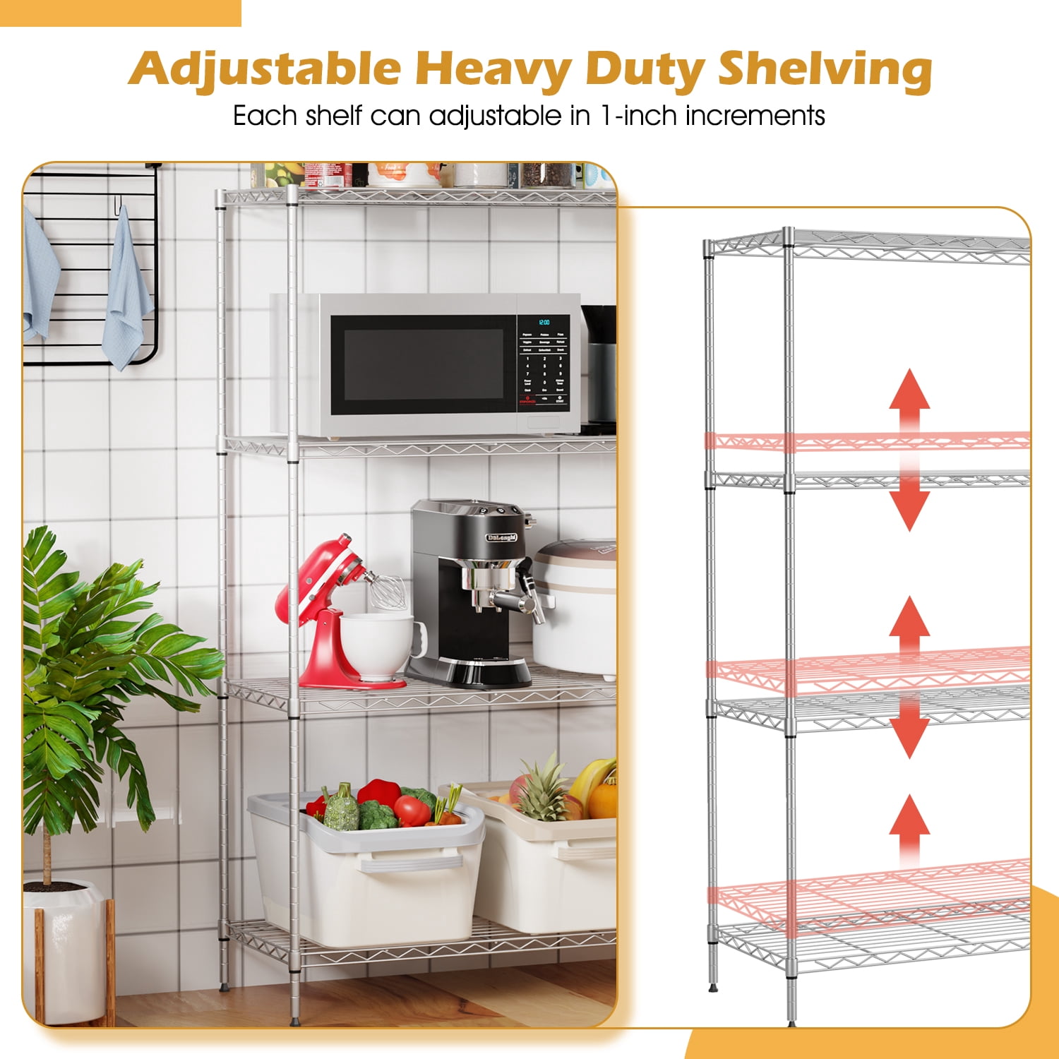 BestOffice 4 Tier Shelving Unit 35.4"L x 13.3"W x 53.7"H Metal Shelving Standing Storage Shelf with 4 Steel Frame Adjustable Layer Kitchen, Garage (Chrome)