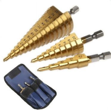 3Pc Hss Step Cone Taper Drill Bit Set Hole Cutter Metric 4-12/20/32Mm 1/4 Inch Coated Metal Hex Bits