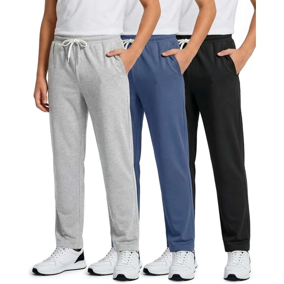 Real Essentials 3 Pack: Boys' French Terry Open Bottom Sweatpants Sweats for School Kids Teens with Pockets (Size 4-18)