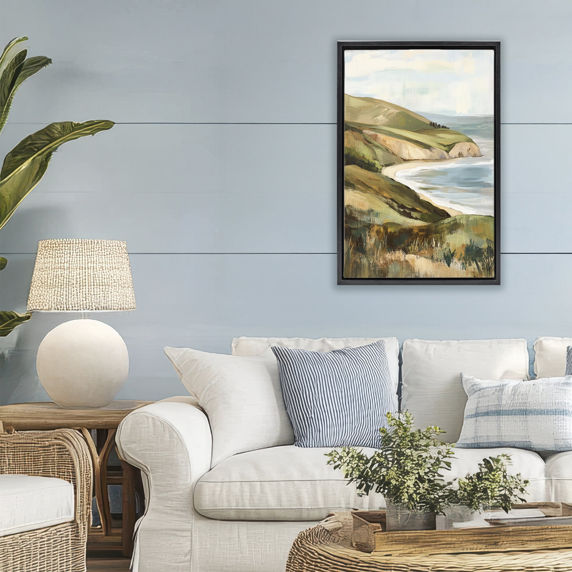 Stupell Industries Painted Cliffside Coastal Morning Light Black Framed Floater Canvas Wall Art, design by Petal Prints Design