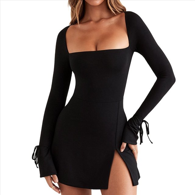 Vestido Mini de Mujer con Escote Cuadrado, Larga, Abertura Lateral y Vuelo Negro L