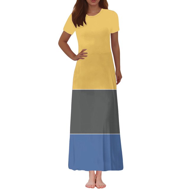 LOVZFMLL Women's Fashion Printed Short Sleeve Round-Neck Ankle Dress Yellow XL