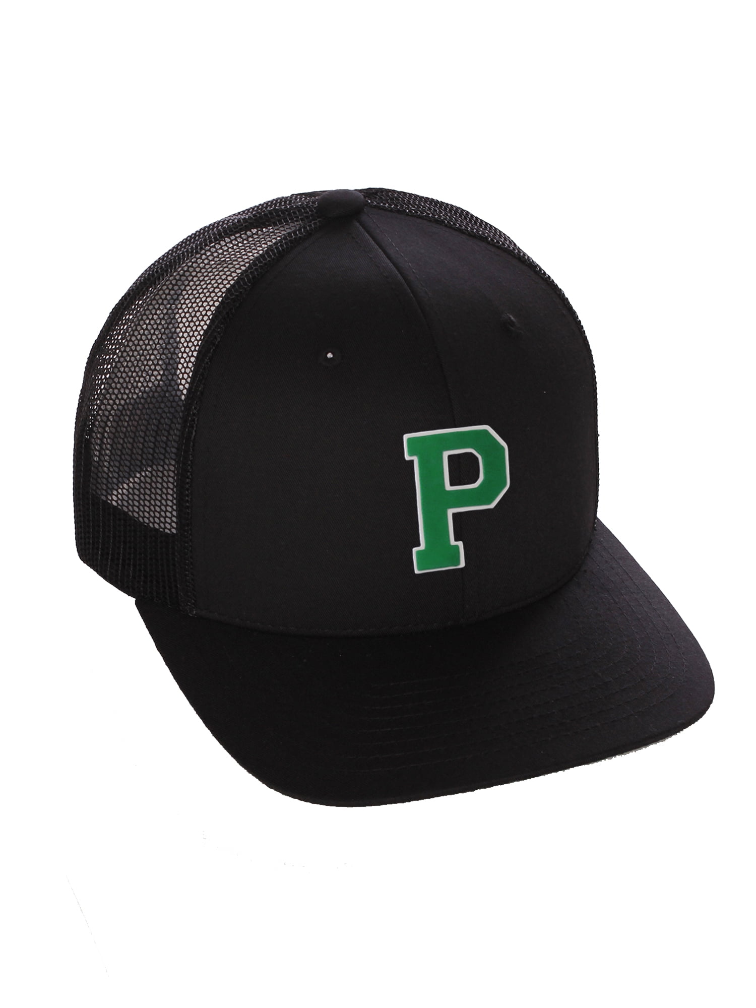 Structured Trucker Mesh Hat Custom Colors Letter P Initial Baseball Mid Profile (Black Black