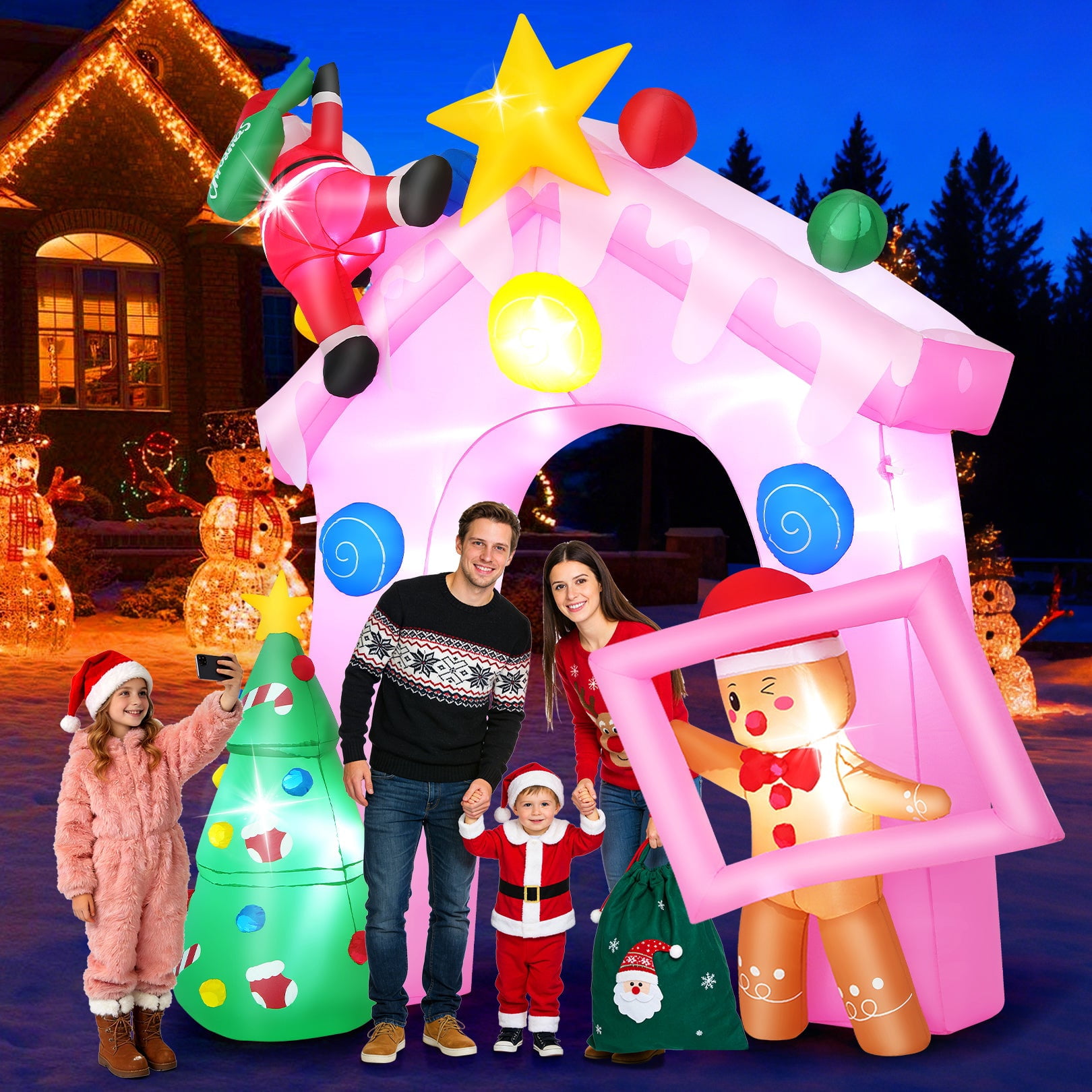 Funcid 10FT Pink Christmas Inflatable Archway with LED Lights - Candy House Holiday Yard Decoration with Santa & Gingerbread Man
