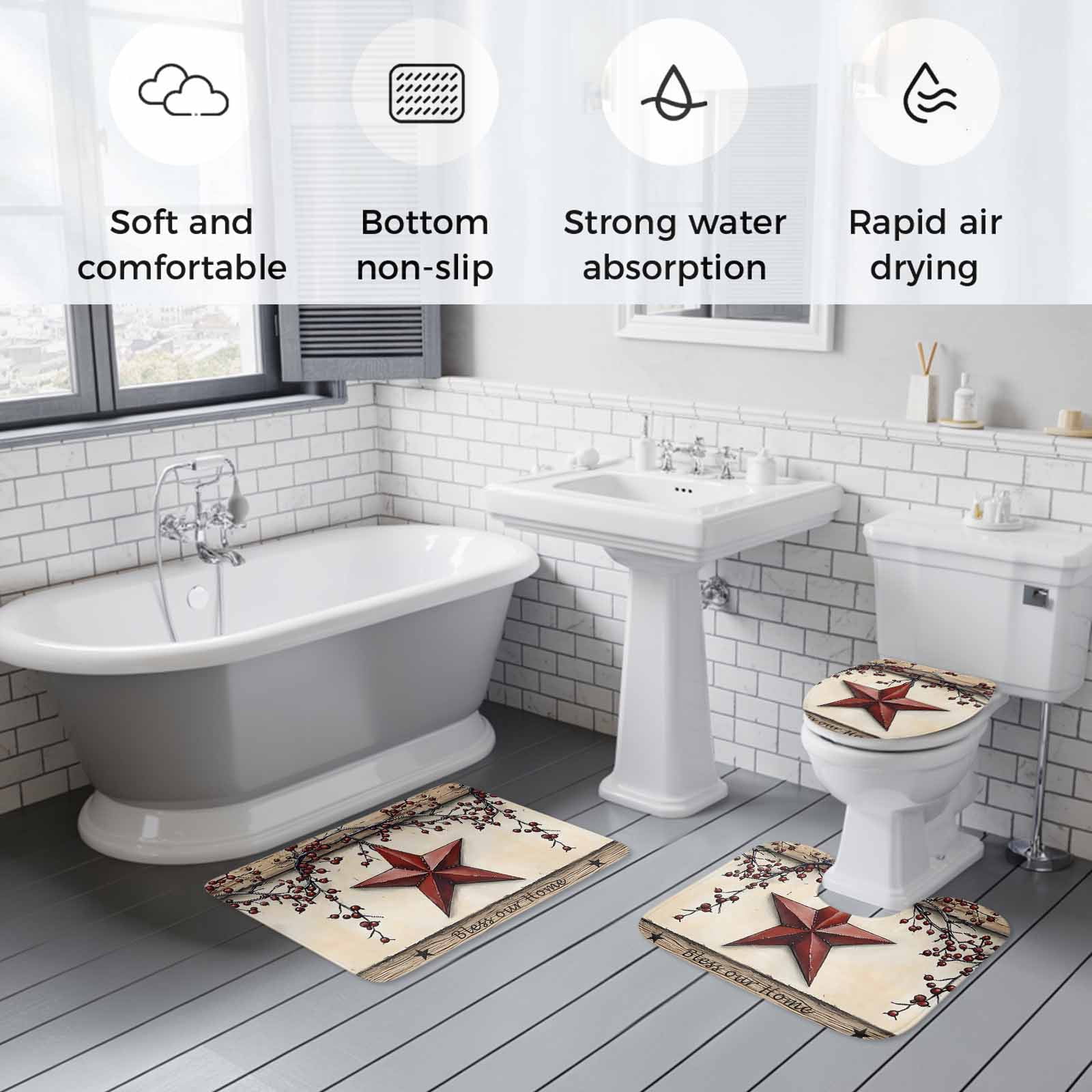 Red Texas Star Rustic Bath Mat 3 Piece Bathroom Rug Set, Country Star Berries Wooden Non Slip Bath Rug Contour Mat and Toilet Lid Cover, Absorbent Shower Mats Soft Bath Rugs and Mats Sets