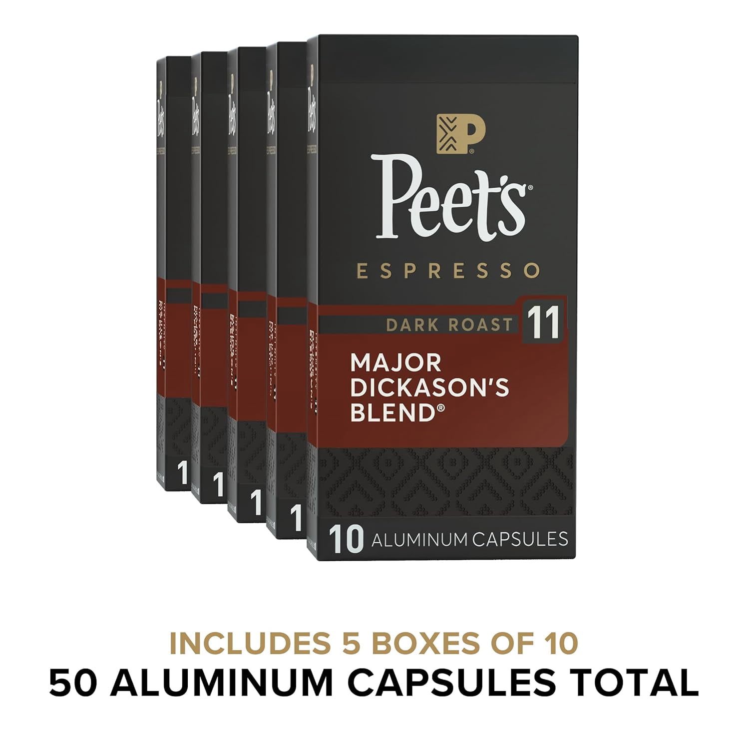 Peet's Coffee, Dark Roast Espresso Capsules, Compatible with Nespresso Original Machines, 100% Arabica Coffee - Major Dickason's Blend Intensity 11, 50 Count (5 Boxes of 10 Espresso Capsules)