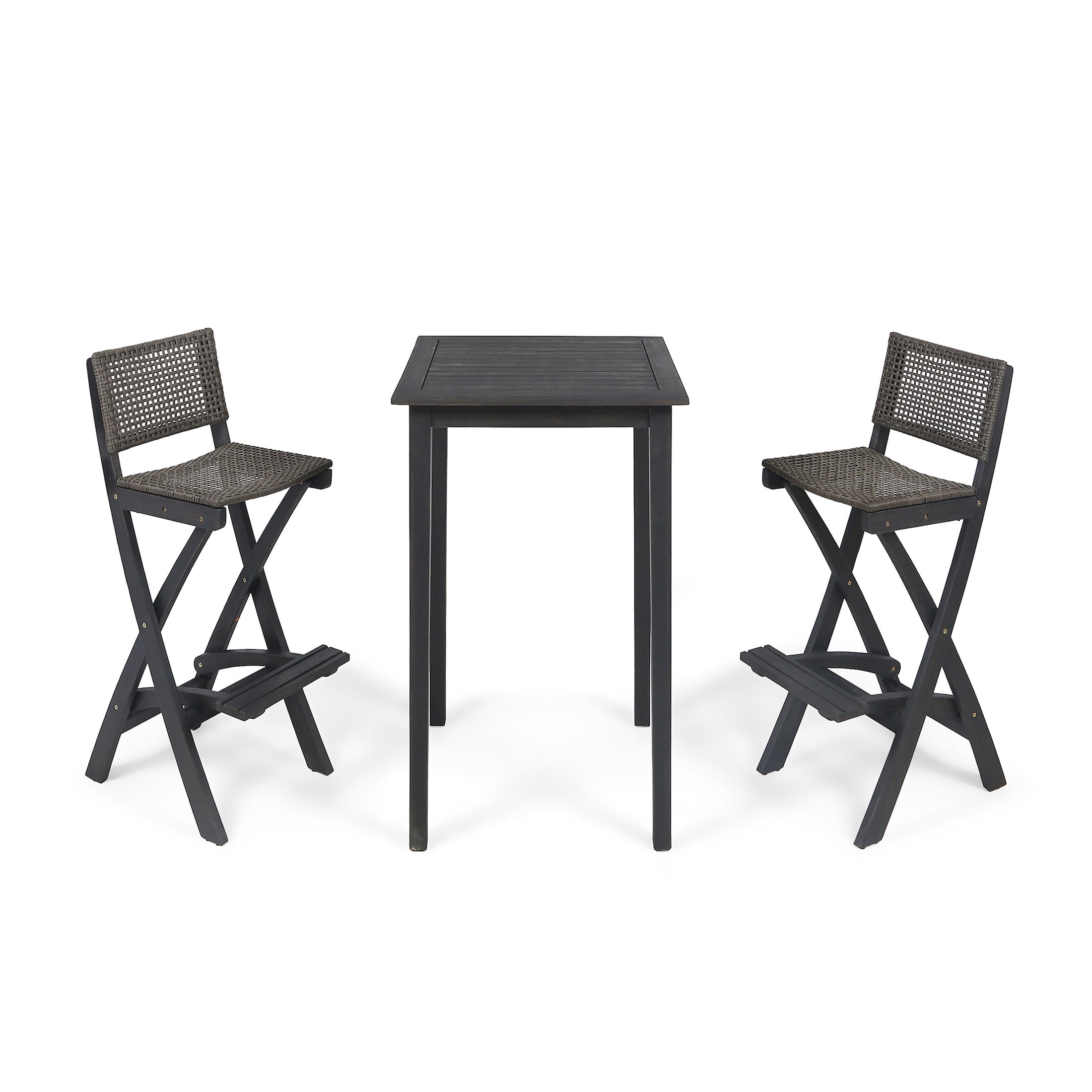 Noble House Polaris Outdoor 3 Piece 26" Square Wood Bar Set in Dark Gray