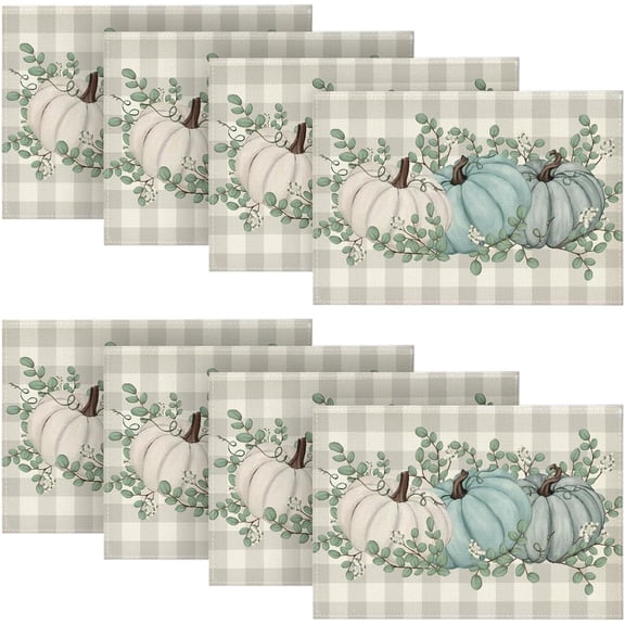 Buffalo Plaid Pumpkins Leaves Eucalyptus Fall Placemats Set of 8,12x18 Inch Autumn Table Mats for Party Kitchen Dining Decoration