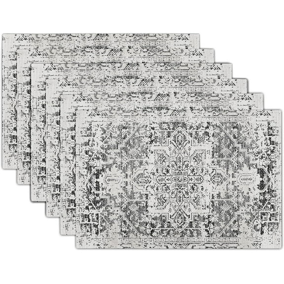 Gray Black Boho Placemats Set of 6 Ethnic Bohemian Carpet Place Mats Washable Kitchen Dining Vintage Grey Geography Floral Linen Table Mats Stain Heat-Resistant Cloth Tabel for Home Party 12x18 in
