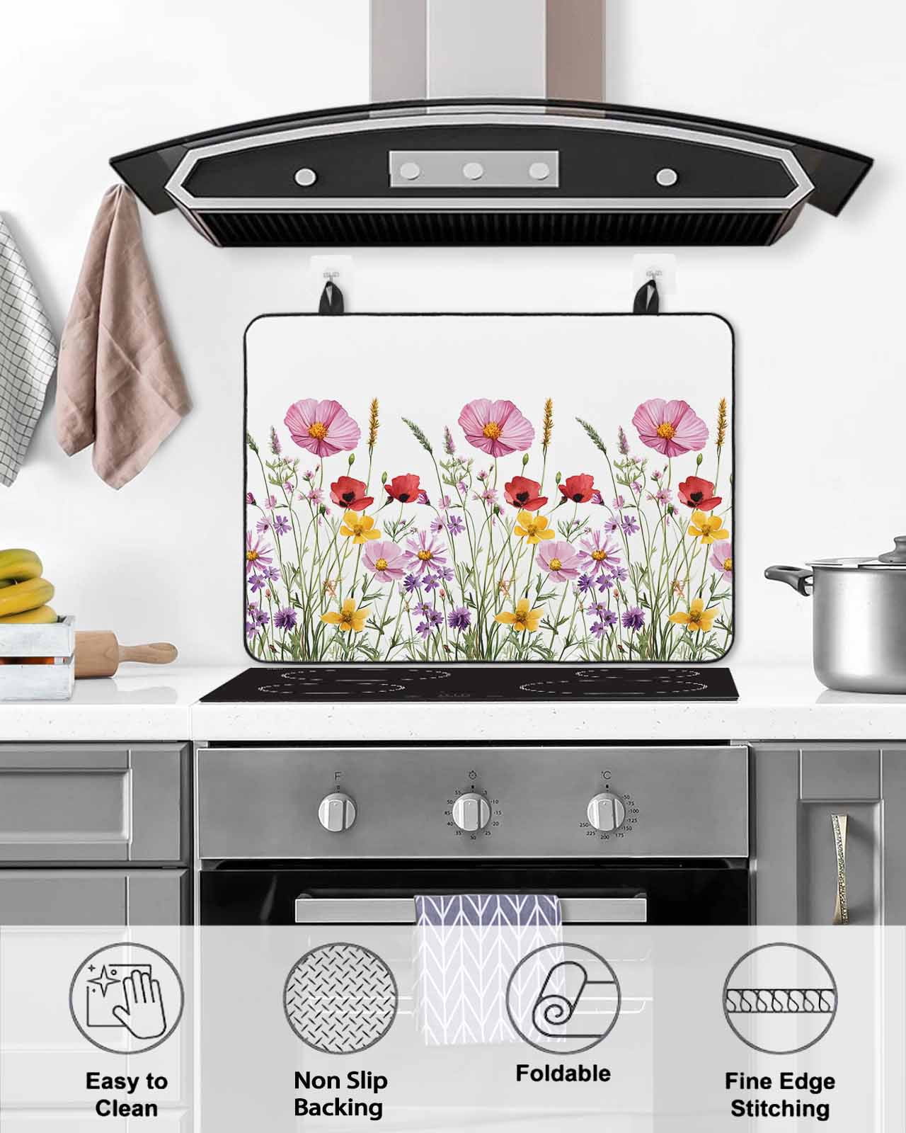 nqOlkjepod Large Induction Cooktop Protector Mat 24"x21", Botanical Flowers Stove Top Covers for Electric Stove, Spring Budding Wild Floral Herbs Stove Burner Cover Mats, Glass Top Stove Cover